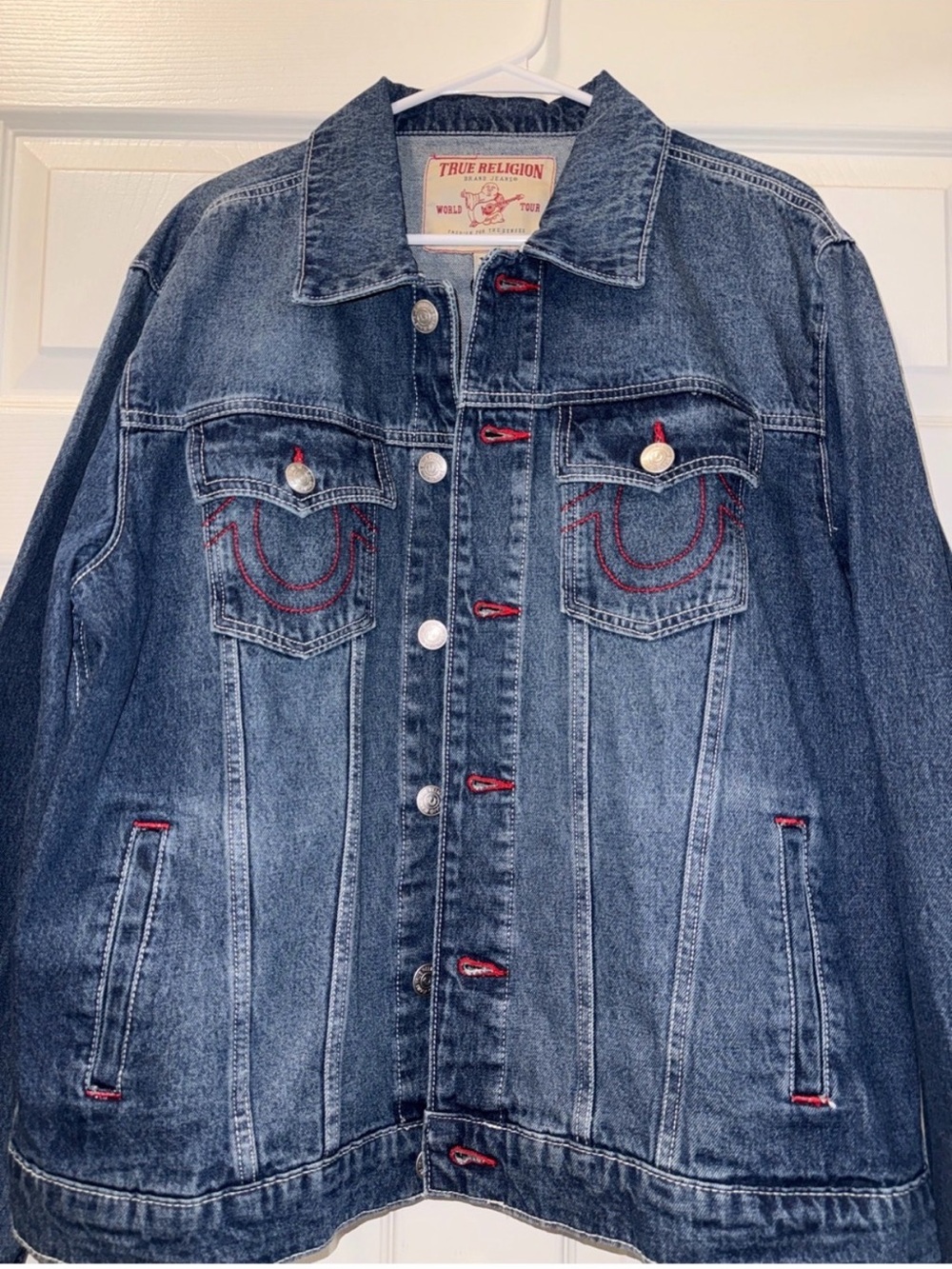 True Religion Blue Denim Jacket with Red Lettering - Picture 8 of 8